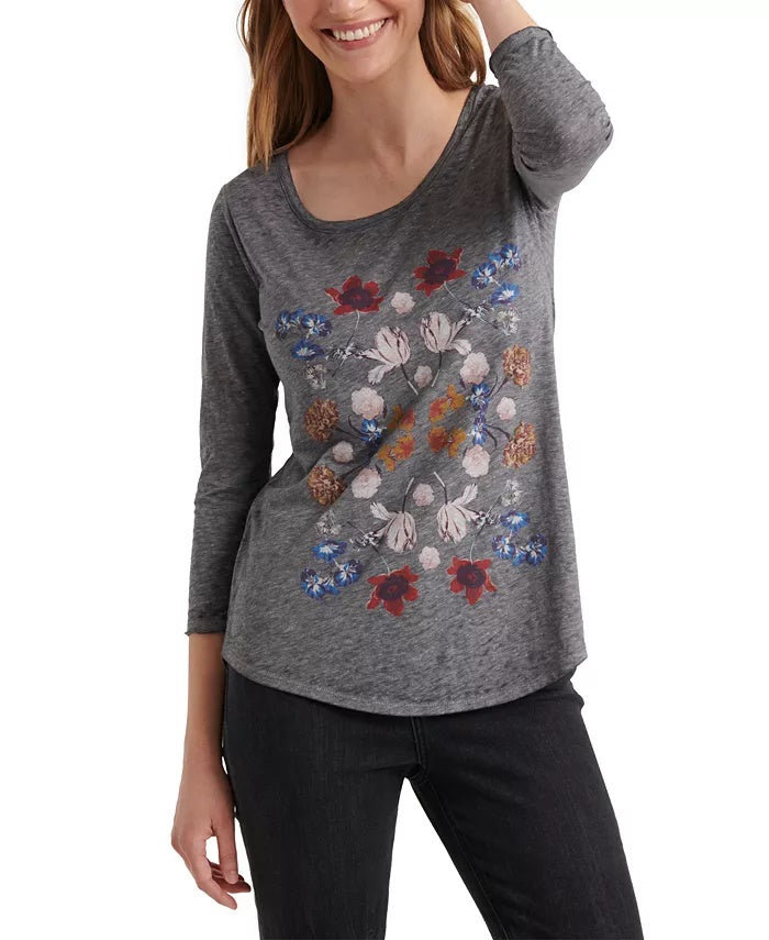 Lucky Brand Women's Floral Long Sleeve Jewel Neck Top Gray Size X-Small