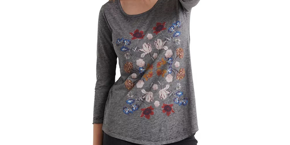 Lucky Brand Women's Floral Long Sleeve Jewel Neck Top Gray Size X-Small