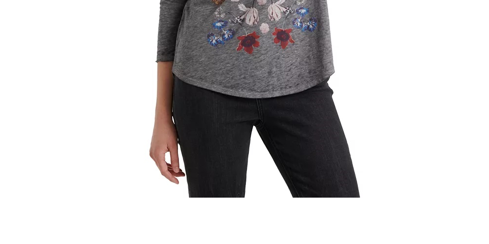 Lucky Brand Women's Floral Long Sleeve Jewel Neck Top Gray Size X-Small