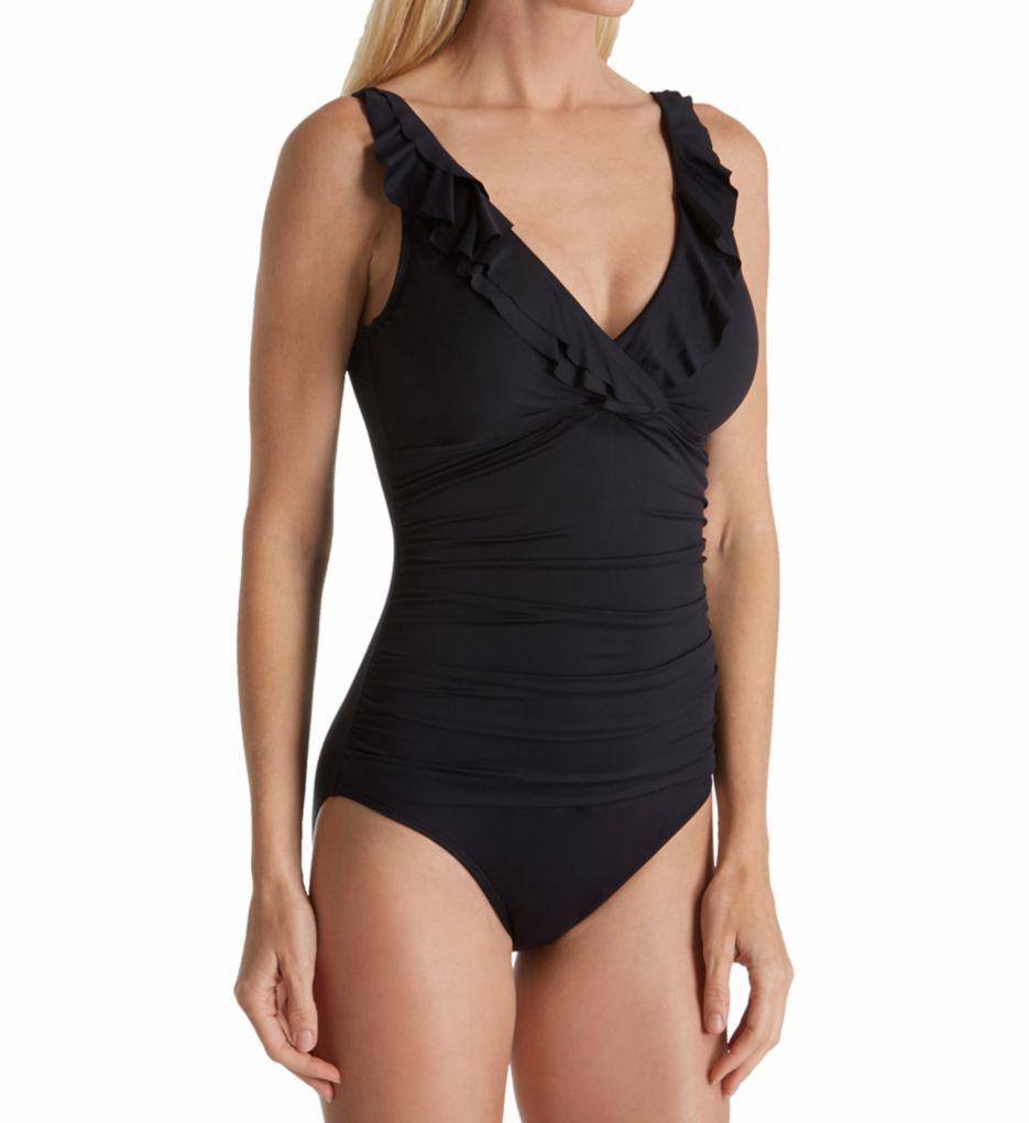 Ralph Lauren Women's Ruffle V Neck One Piece Swimsuits Black Size 6