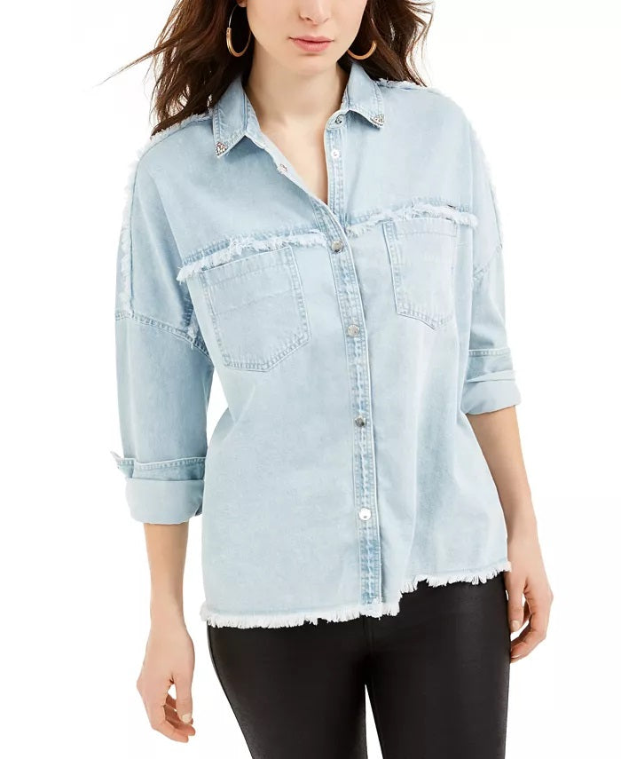 Guess Women's Parisian Frayed Edge Denim Shirt Blue Size X-Small