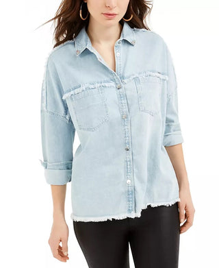 Guess Women's Parisian Frayed Edge Denim Shirt Blue Size X-Small
