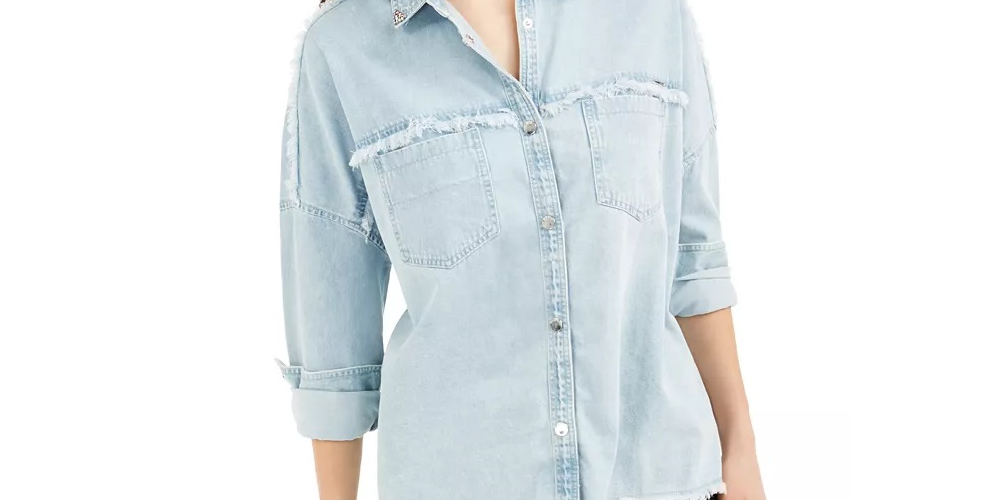 Guess Women's Parisian Frayed Edge Denim Shirt Blue Size X-Small