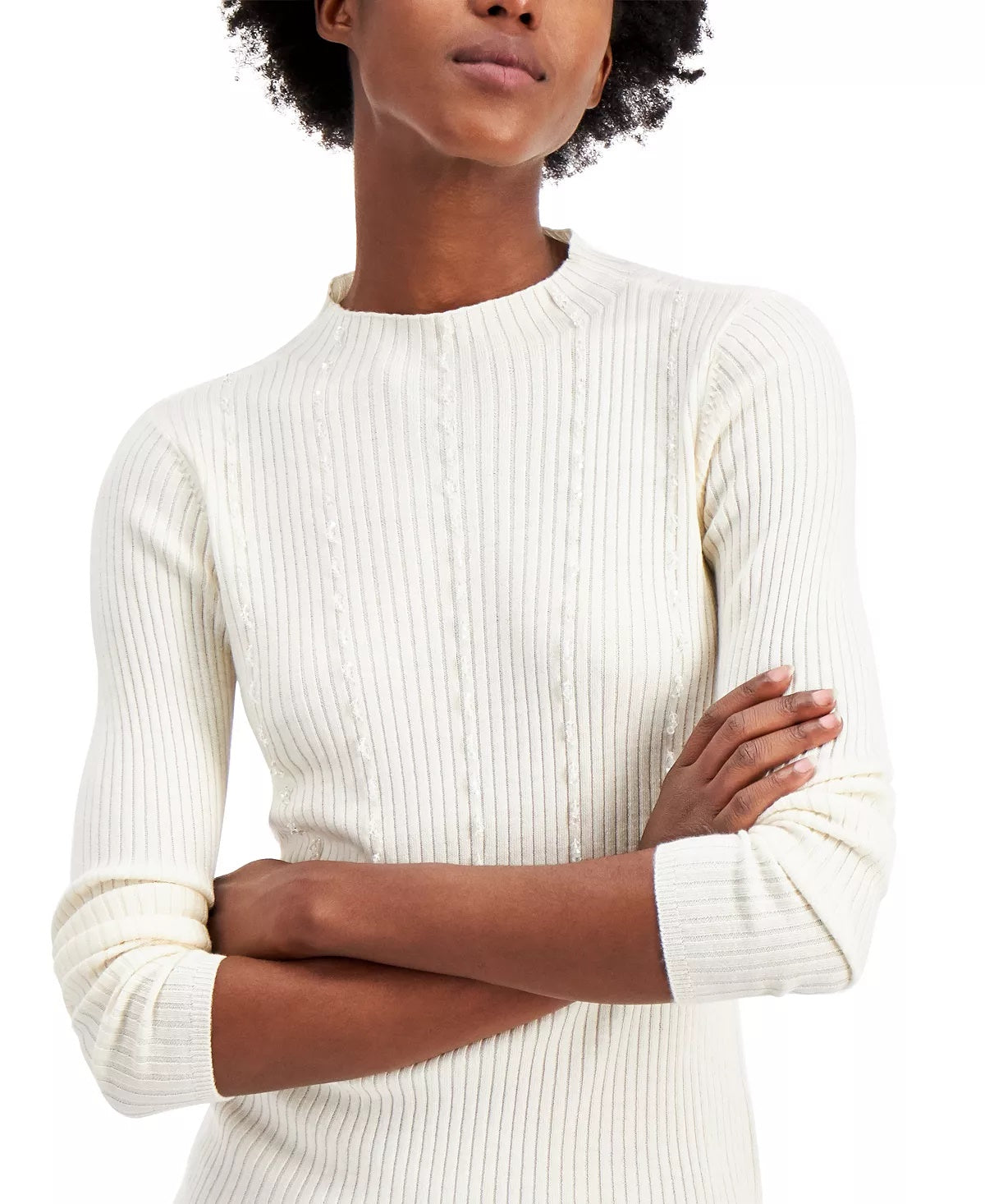 Alfani Women's Beaded Ribbed Sweater White Size Large