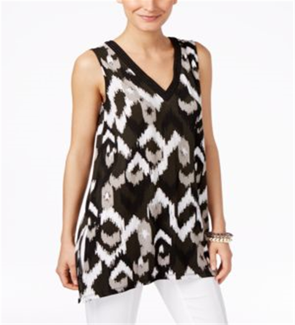 Alfani Women's Printed Sleeveless Handkerchief-hem Top Black  Size Petite