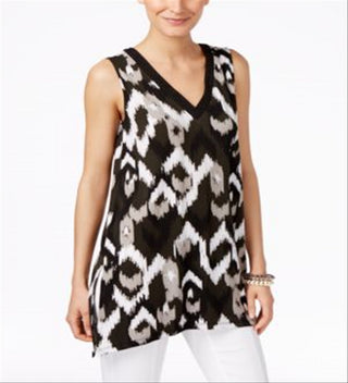 Alfani Women's Printed Sleeveless Handkerchief-hem Top Black  Size Petite