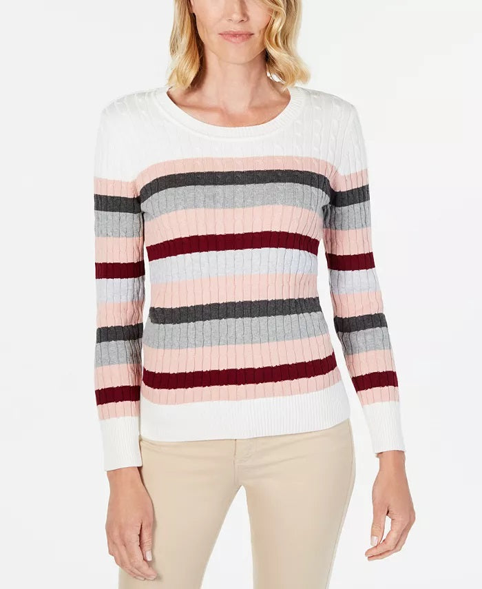 Karen Scott Women's Striped Cotton Cable Knit Sweater White/pink Size PL