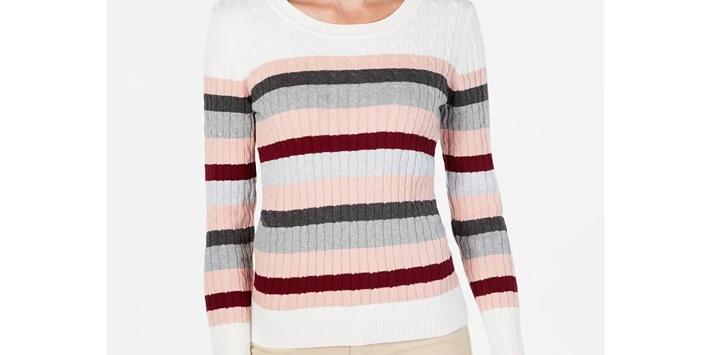 Karen Scott Women's Striped Cotton Cable Knit Sweater White/pink Size PL