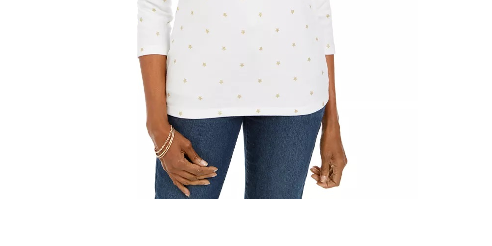 Karen Scott Women's Glitter Star Print Shirt White Size PL