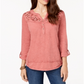 Style & Co Women's Embroidered Cotton Roll Tab-Sleeve Top Pink Size XL