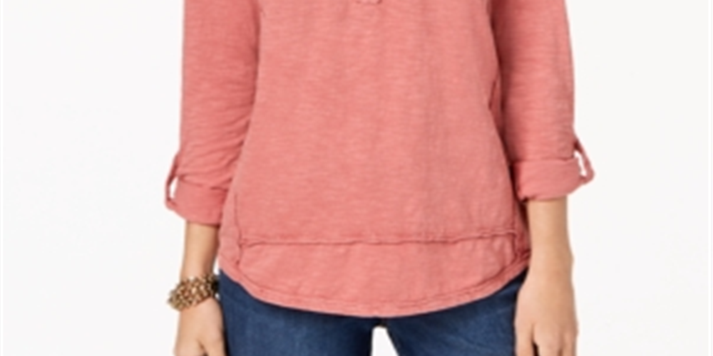 Style & Co Women's Embroidered Cotton Roll Tab-Sleeve Top Pink Size XL