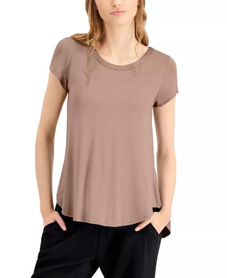 Alfani Women's Satin Trim High Low T-Shirt Brown Size Medium