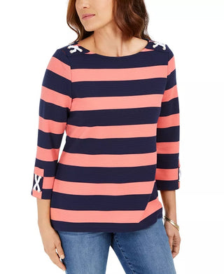 Charter Club Women's Grommet Trim Striped Top Coral  Size X-Large