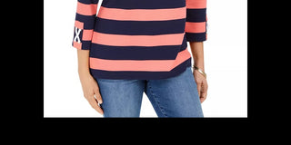 Charter Club Women's Grommet Trim Striped Top Coral  Size X-Large