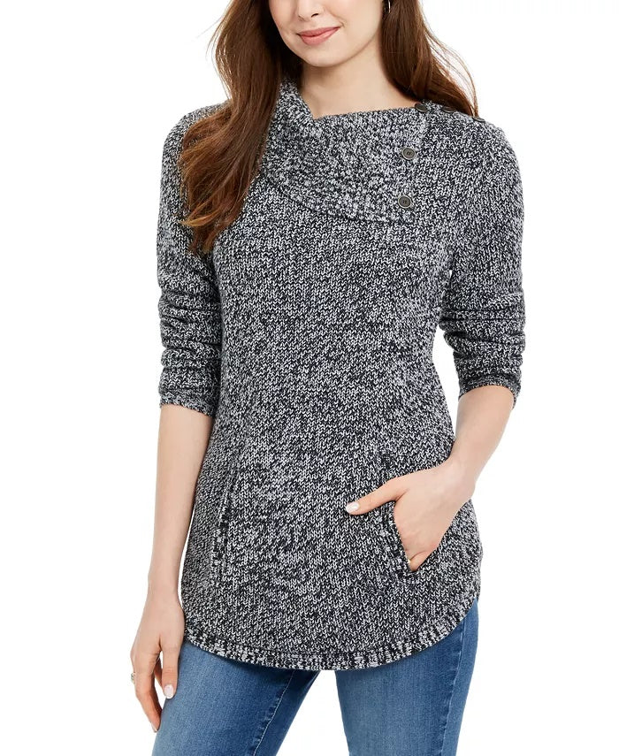 Style & Co Women's Envelope Neck Kangaroo Pocket Knit Sweater Black/White Size Small