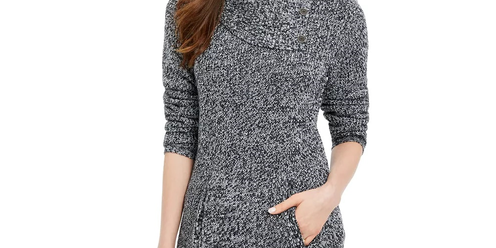 Style & Co Women's Envelope Neck Kangaroo Pocket Knit Sweater Black/White Size Small