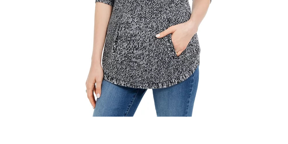 Style & Co Women's Envelope Neck Kangaroo Pocket Knit Sweater Black/White Size Small