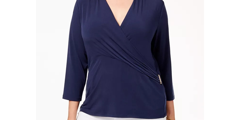 Charter Club Women's Plus Faux Wrap Hardware Top Berry  Size 0X