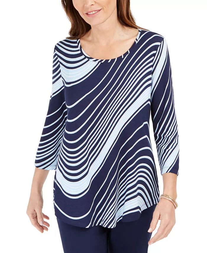 JM Collection Women's Swirl Print 3/4 Sleeve T-Shirt Purple /Blue  Size X-Small