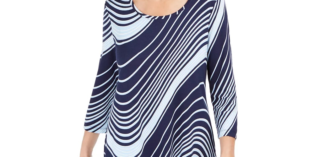 JM Collection Women's Swirl Print 3/4 Sleeve T-Shirt Purple /Blue  Size X-Small