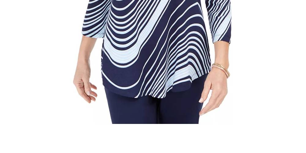 JM Collection Women's Swirl Print 3/4 Sleeve T-Shirt Purple /Blue  Size X-Small