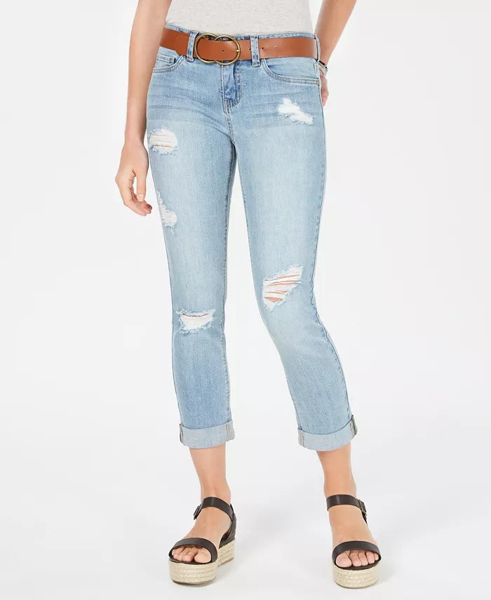 Dollhouse Junior's Belted Ripped Skinny Jeans Blue Size 0