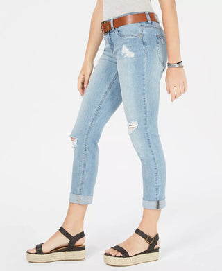 Dollhouse Junior's Belted Ripped Skinny Jeans Blue Size 0