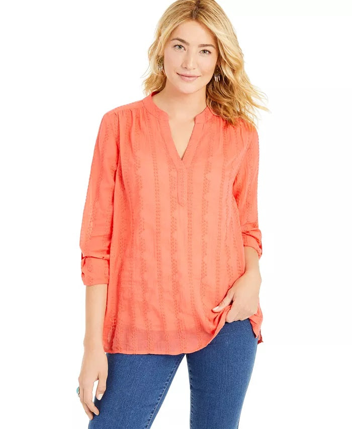 Style & Co Women's Textured V Neck Top Orange Size X-Small