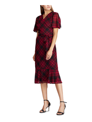Ralph Lauren Women's Belted Plaid Short Sleeve V Neck Below The Knee Sheath Dress Black/Red Size 4