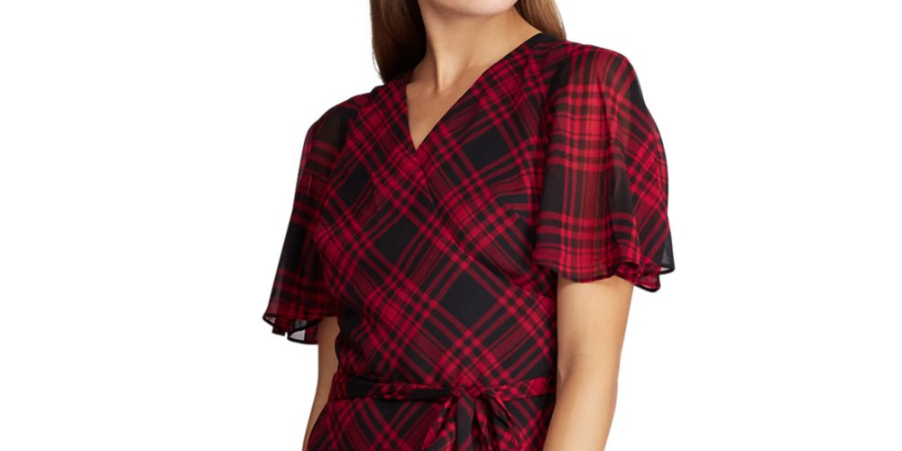 Ralph Lauren Women's Belted Plaid Short Sleeve V Neck Below The Knee Sheath Dress Black/Red Size 4