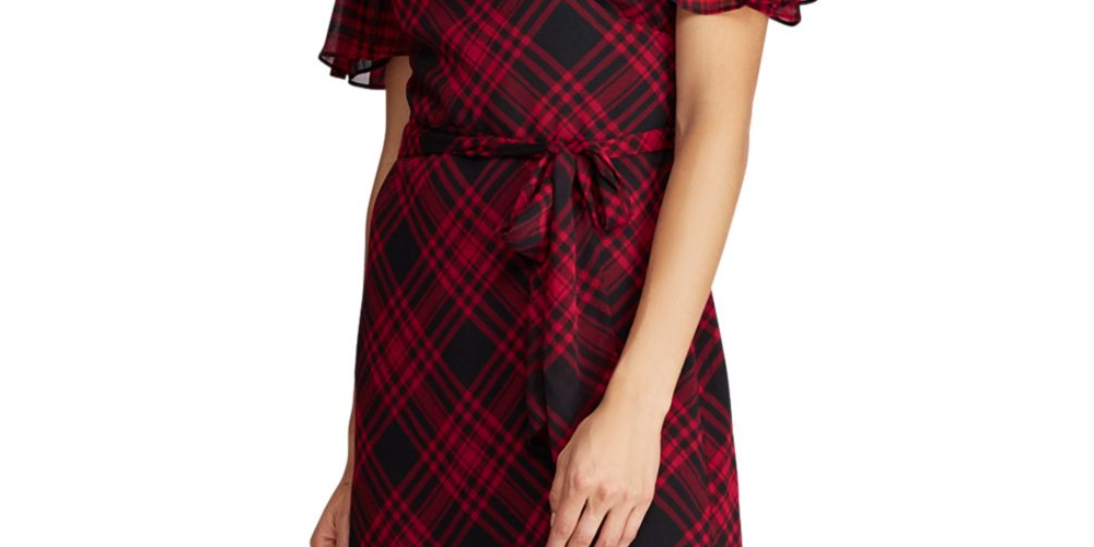 Ralph Lauren Women's Belted Plaid Short Sleeve V Neck Below The Knee Sheath Dress Black/Red Size 4