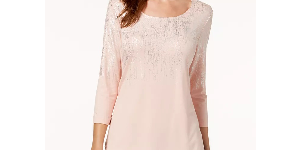 JM Collection Women's Petite Metallic-Print Top Beige Size PL