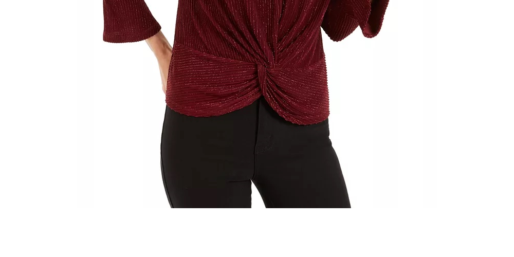 Alfani Women's Striped Metallic Twist-Hem Top Wine Size Small