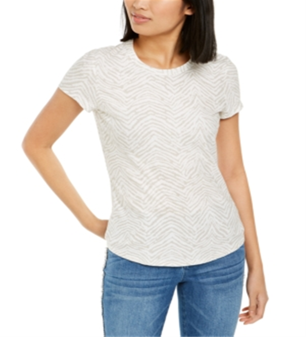 INC International Concepts Women's Printed Crewneck T-Shirt Beige Size M