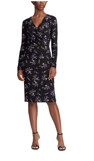Ralph Lauren Women's Black Floral Long Sleeve V Neck Knee Length Wrap Dress Dress Black Size 0