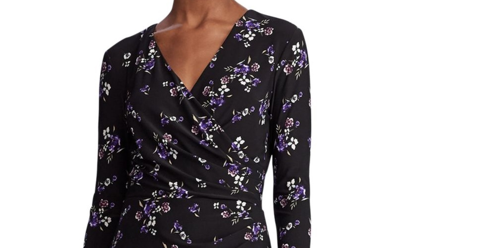 Ralph Lauren Women's Black Floral Long Sleeve V Neck Knee Length Wrap Dress Dress Black Size 0