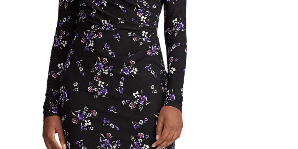 Ralph Lauren Women's Black Floral Long Sleeve V Neck Knee Length Wrap Dress Dress Black Size 0