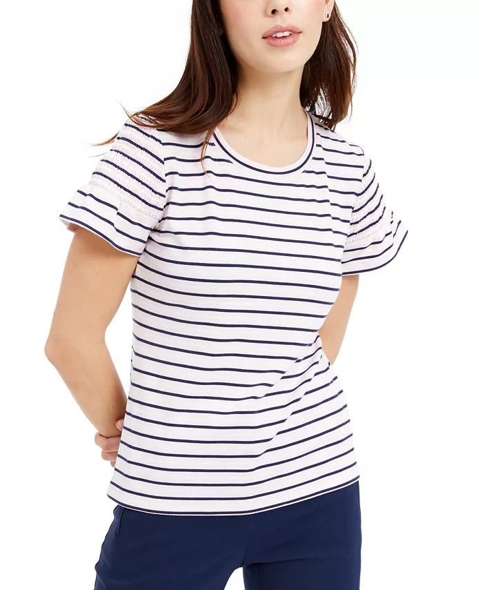 Maison Jules Womens Striped Short Sleeve Crew Neck Top Green,White,Blue Size Medium