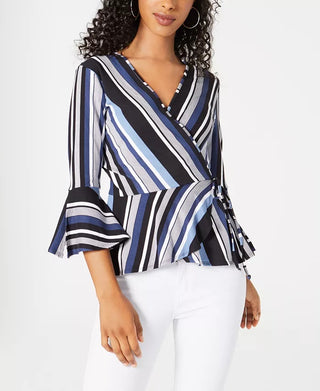 BCX Junior's Striped Wrap Top Black /White /Blue  Size X-Small