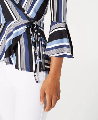 BCX Junior's Striped Wrap Top Black /White /Blue  Size X-Small