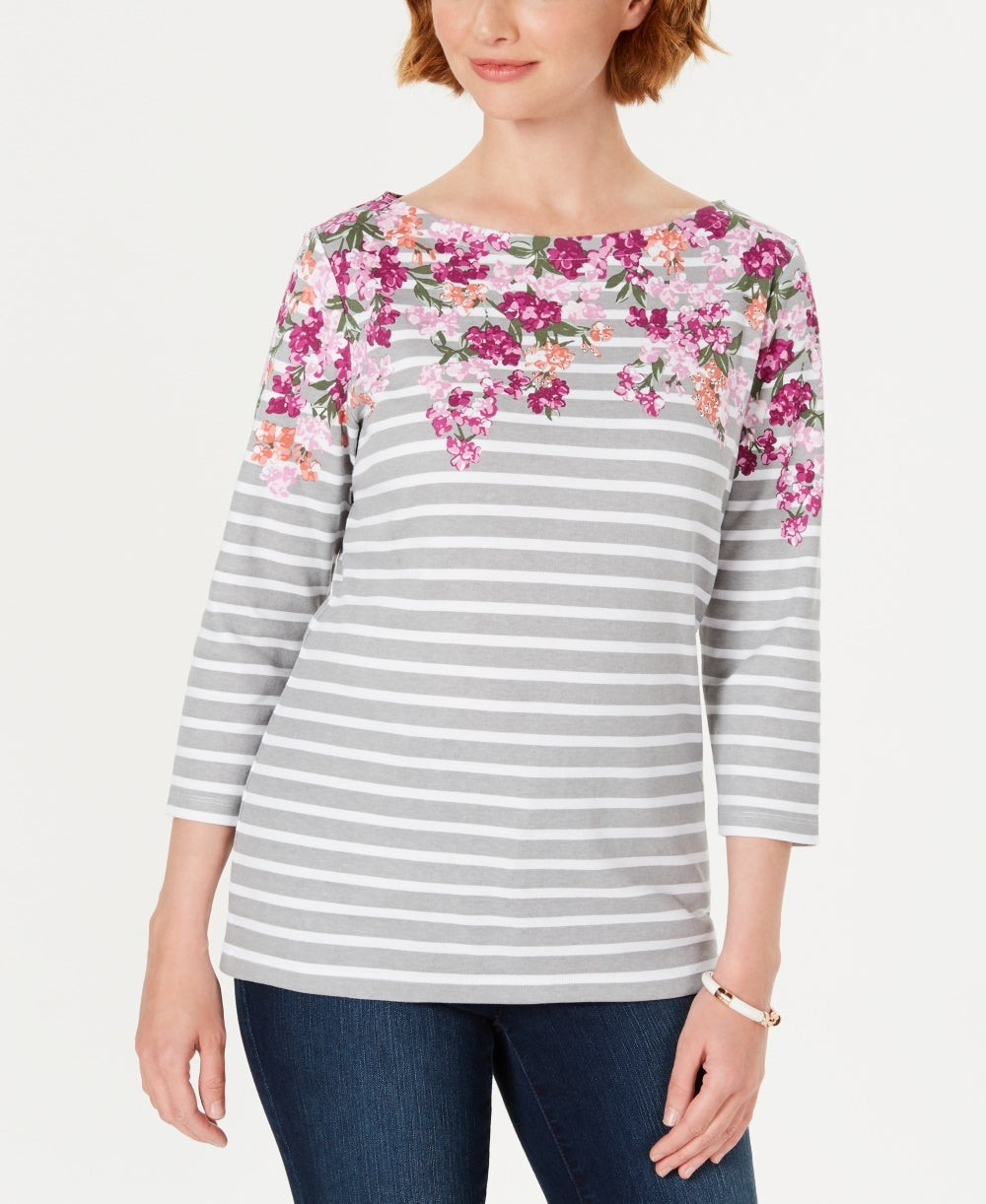 Karen Scott Women's Petite Floral Striped Boat-Neck Top Red Size Small