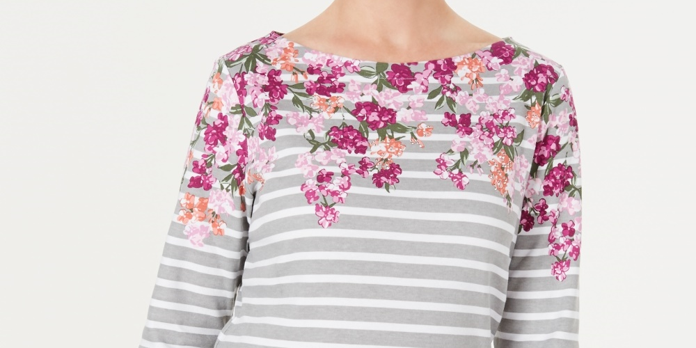Karen Scott Women's Petite Floral Striped Boat-Neck Top Red Size Small