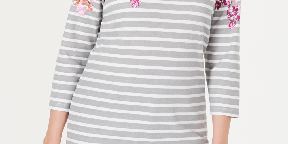 Karen Scott Women's Petite Floral Striped Boat-Neck Top Red Size Small