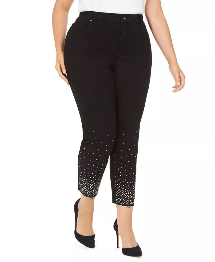 INC International Concepts Women's Embellished Ankle Skinny Jeans Black Size 28W