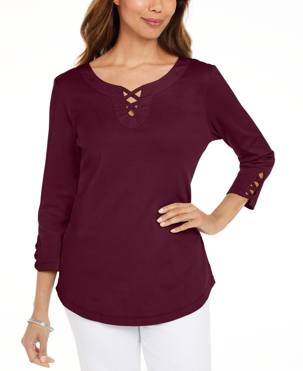 Karen Scott Women's Cotton Lace-Up T-Shirt Red Size Medium