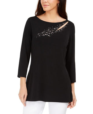 JM Collection Women's Embellished Cutout Top Black  Size XS