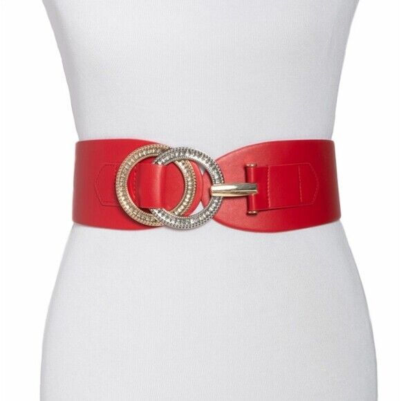 INC International Concepts Women's Double Ring Rhinestone Leather Stretch Belt Red Size 34X16