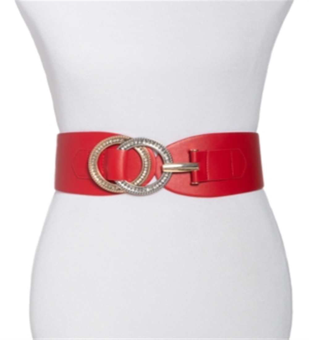 INC International Concepts Women's Double Ring Rhinestone Leather Stretch Belt Red Size 34X16