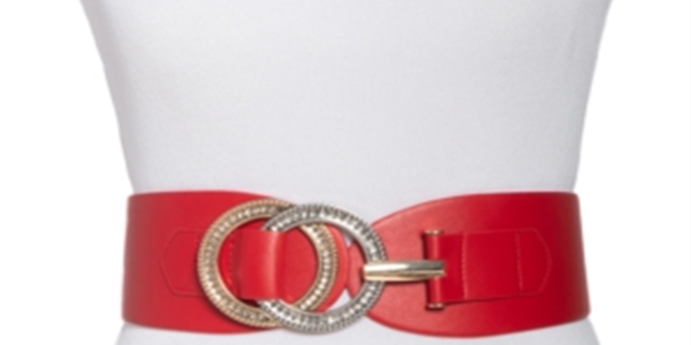 INC International Concepts Women's Double Ring Rhinestone Leather Stretch Belt Red Size 34X16