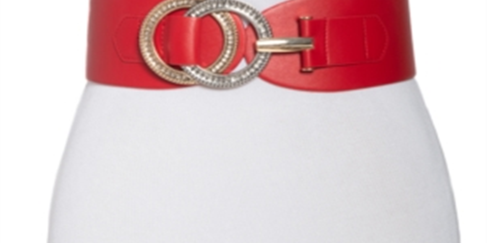 INC International Concepts Women's Double Ring Rhinestone Leather Stretch Belt Red Size 34X16